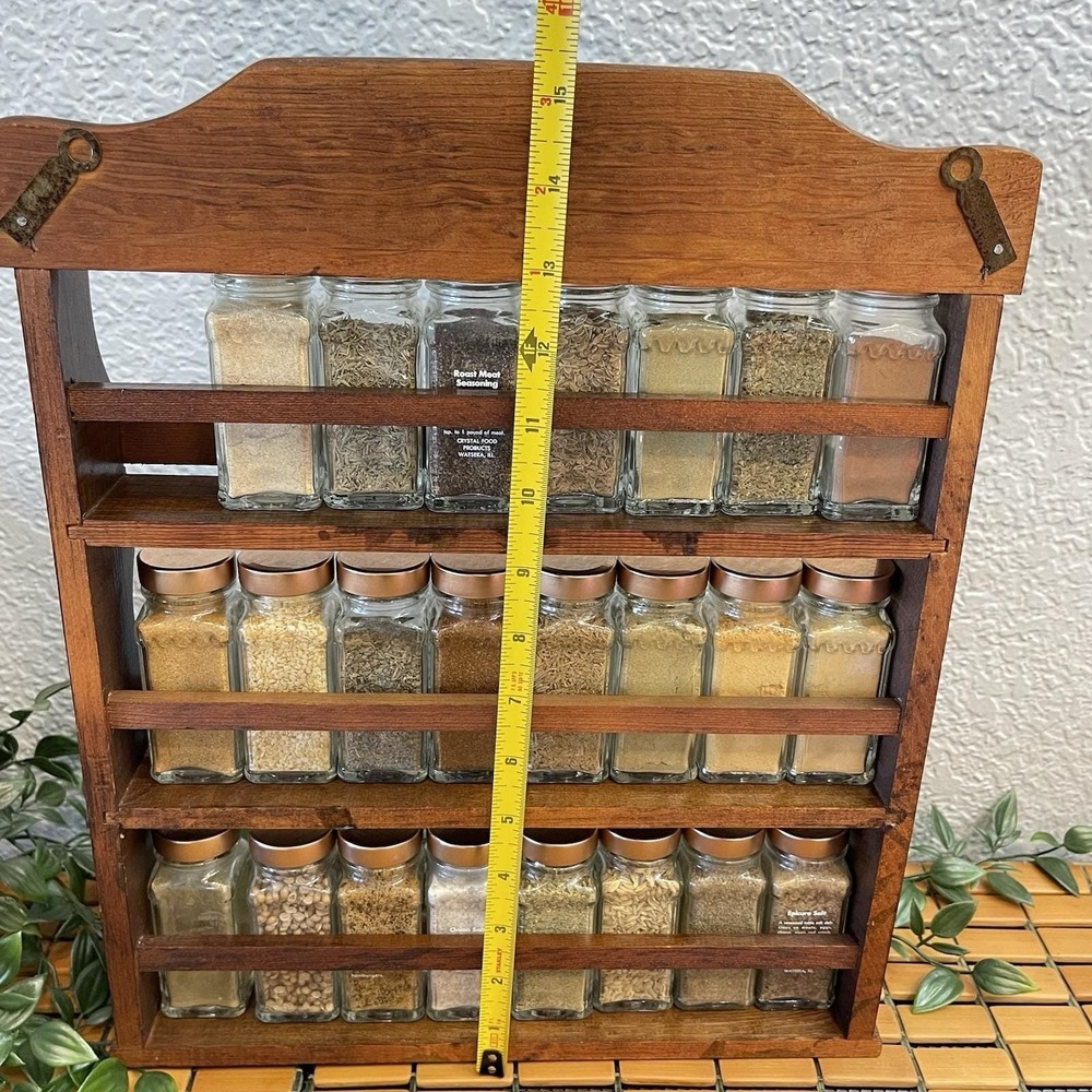Vintage Crystal Food Products Wooden Spice Rack 3 Tier 23 Glass Cooper Tone Lids - Picture 7 of 9